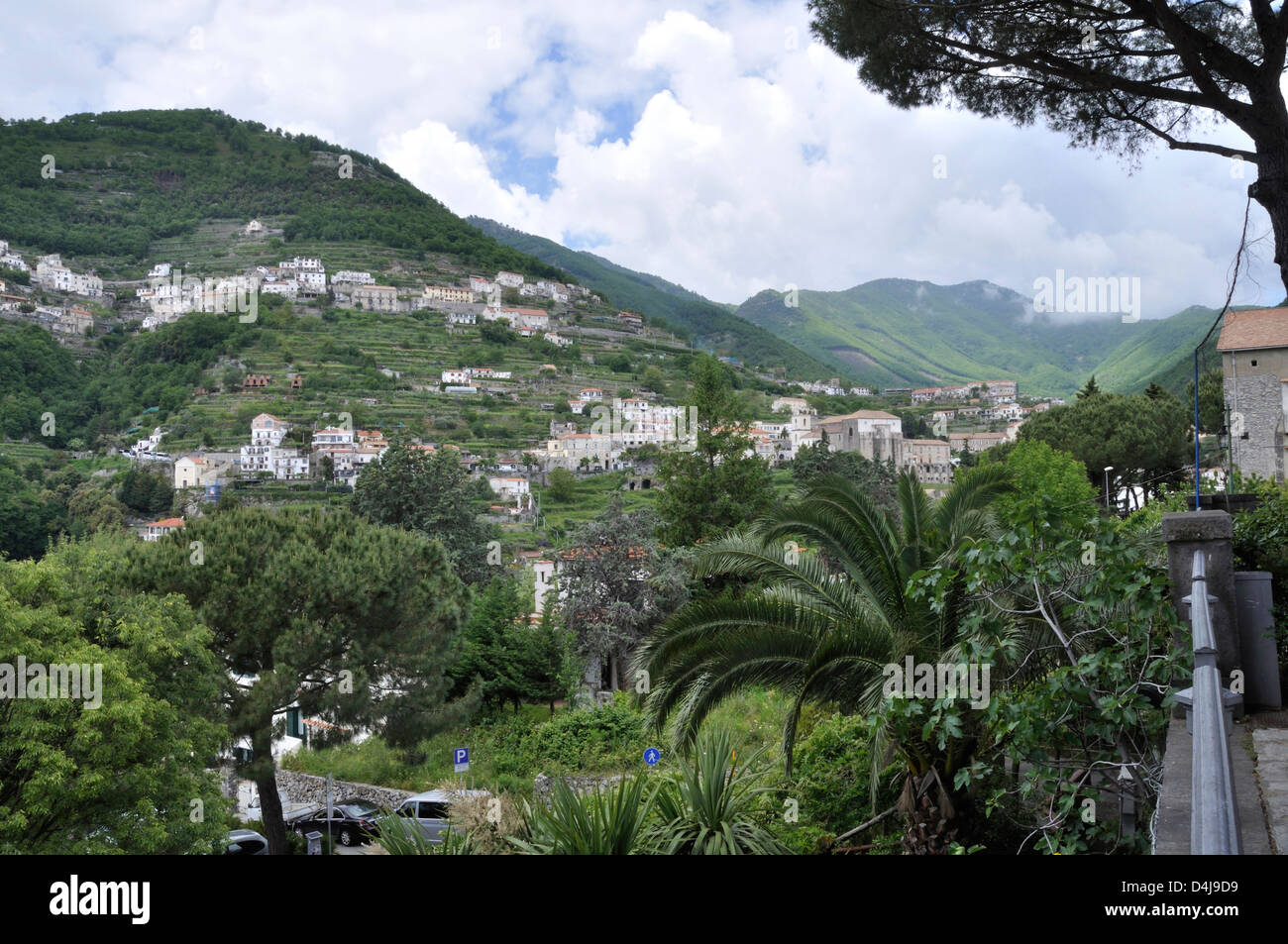 View from the Piazza Vescovado in Ravello, Italy, across the valley towards Scala. Stock Photo