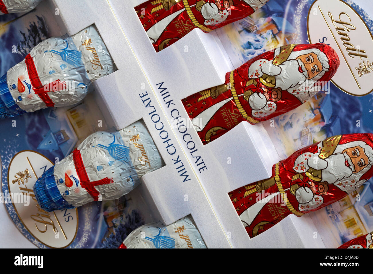 Lindt milk chocolate snowman and Lindt Santa milk chocolate Father Christmas - chocolates ready for Christmas Stock Photo