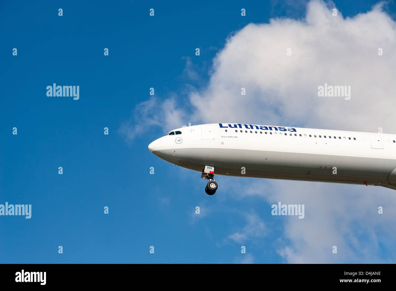 Lufthansa airliner Airbus A340 - 600 approaching Vancouver International Airport Stock Photo