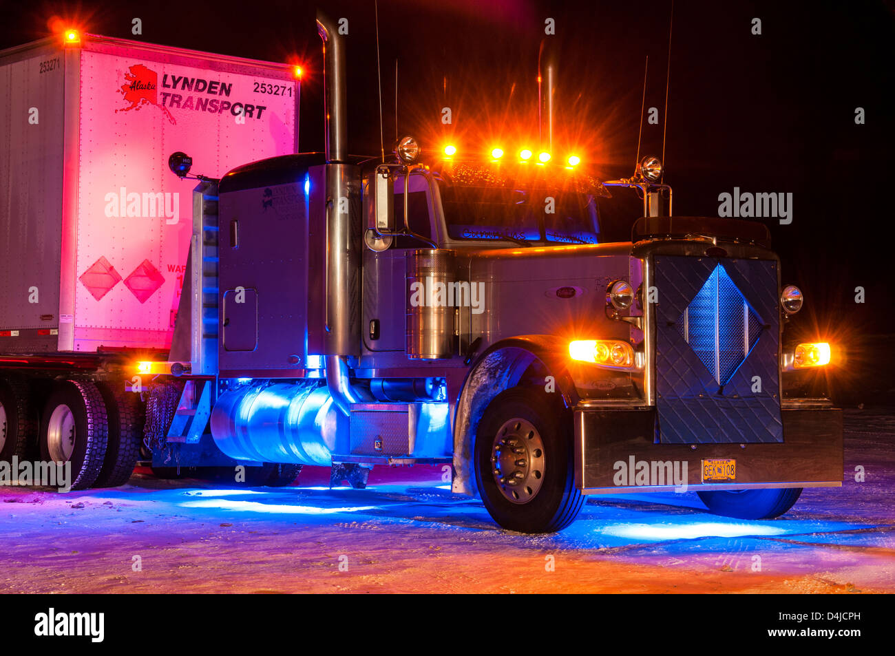 Trucks parked at night outside the truck stop cafe,Dalton Highway Haul