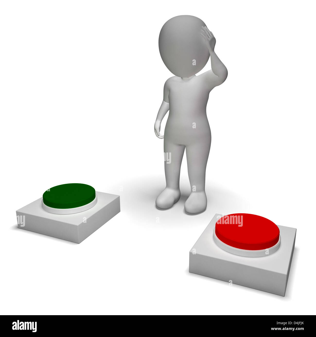 Choice Of Pushing Buttons 3d Character Showing Indecision Stock Photo ...
