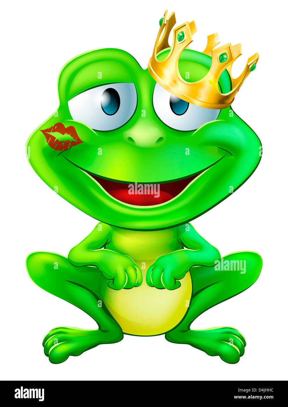 An illustration of a cute frog cartoon character wearing a gold crown with a red lipstick mark on his lips form a kiss Stock Photo