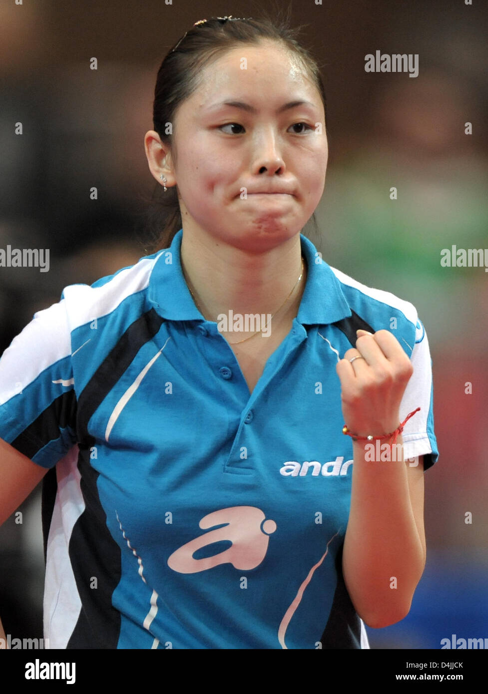 Poland?s Qian Li cheers during the Table Tennis Europe Top 12