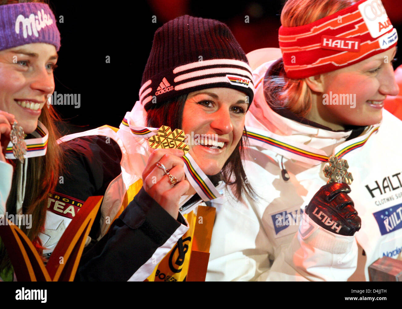 Germany?s Kathrin Hoelzl (C), Slovenia?s Tina Maze (L) and Finland?s Tanja Poutiainen pose with their medals during the award ceremony for the Women?s Giant Slalom competition during the Alpine World Ski Championships in Val d?Isere, France, 12 February 2009. Germany?s Kathrin Hoelzl is on the first place ahead of Slovenia?s Tina Maze and Finland?s Tanja Poutiainen. Photo: Karl-Jos Stock Photo