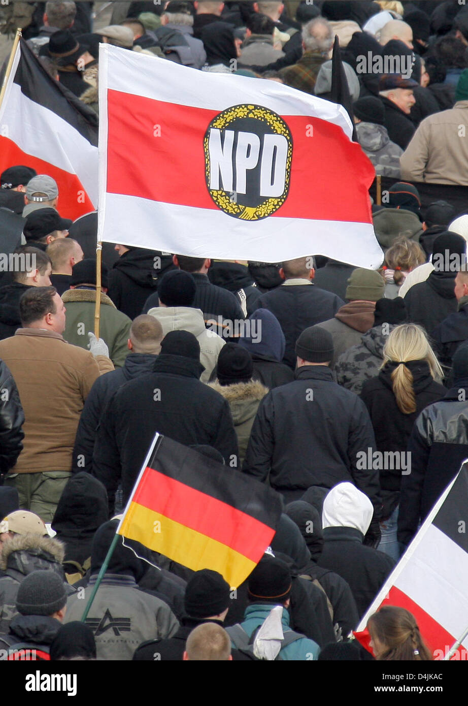Rightist extremists march through Dresden, Germany, 14 February 2009. Far-right wing demonstrators traditionally provoke witha march  at the commemorations for the vicitims of the 1945 Dresden bombings. The date marks the 64th anniversary of the vast bombings on Dresden  conducted by allied forces to the end of World War II in 1945. Approximately 25,000 people died in the fires. Ph Stock Photo