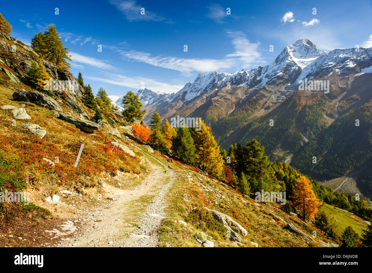 Bietschorn mountain peak in autumn with hiking trail. View from Laucheralp, Loetschental, Wallis, Switzerland Stock Photo