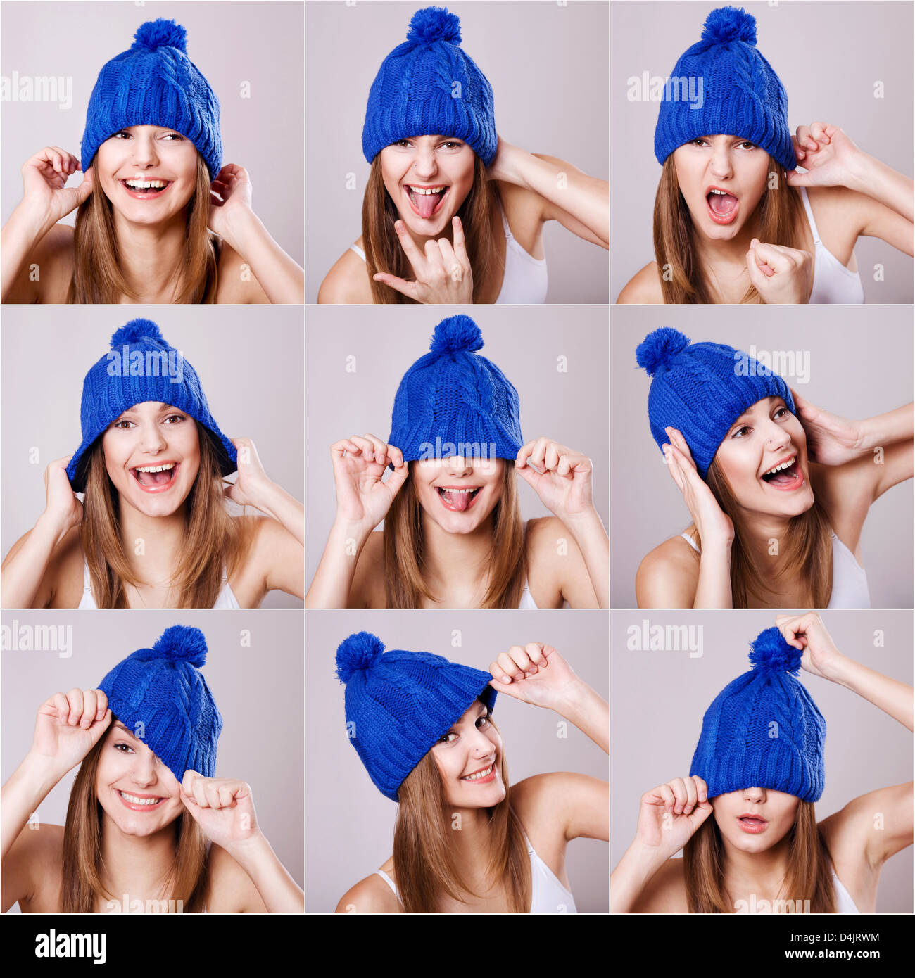 Collage of woman in a blue hat different facial expressions Stock Photo
