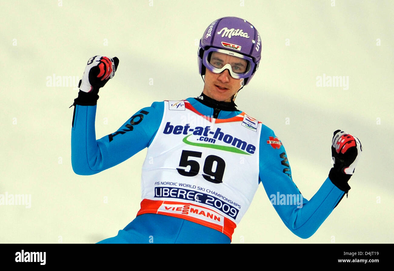Germany?s Martin Schmitt cheers his jump in the Ski Jumping Large Hill competition of the FIS Nordic World Ski Championships in Liberec, Czech Republic, 27 February 2009. Norway won ahead of Germany. Photo: GERO BRELOER Stock Photo