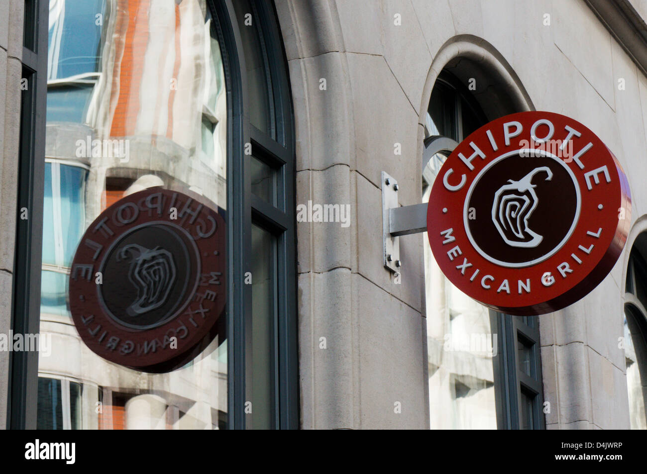 Chipotle Mexican Grill sign in Soho, London. Stock Photo