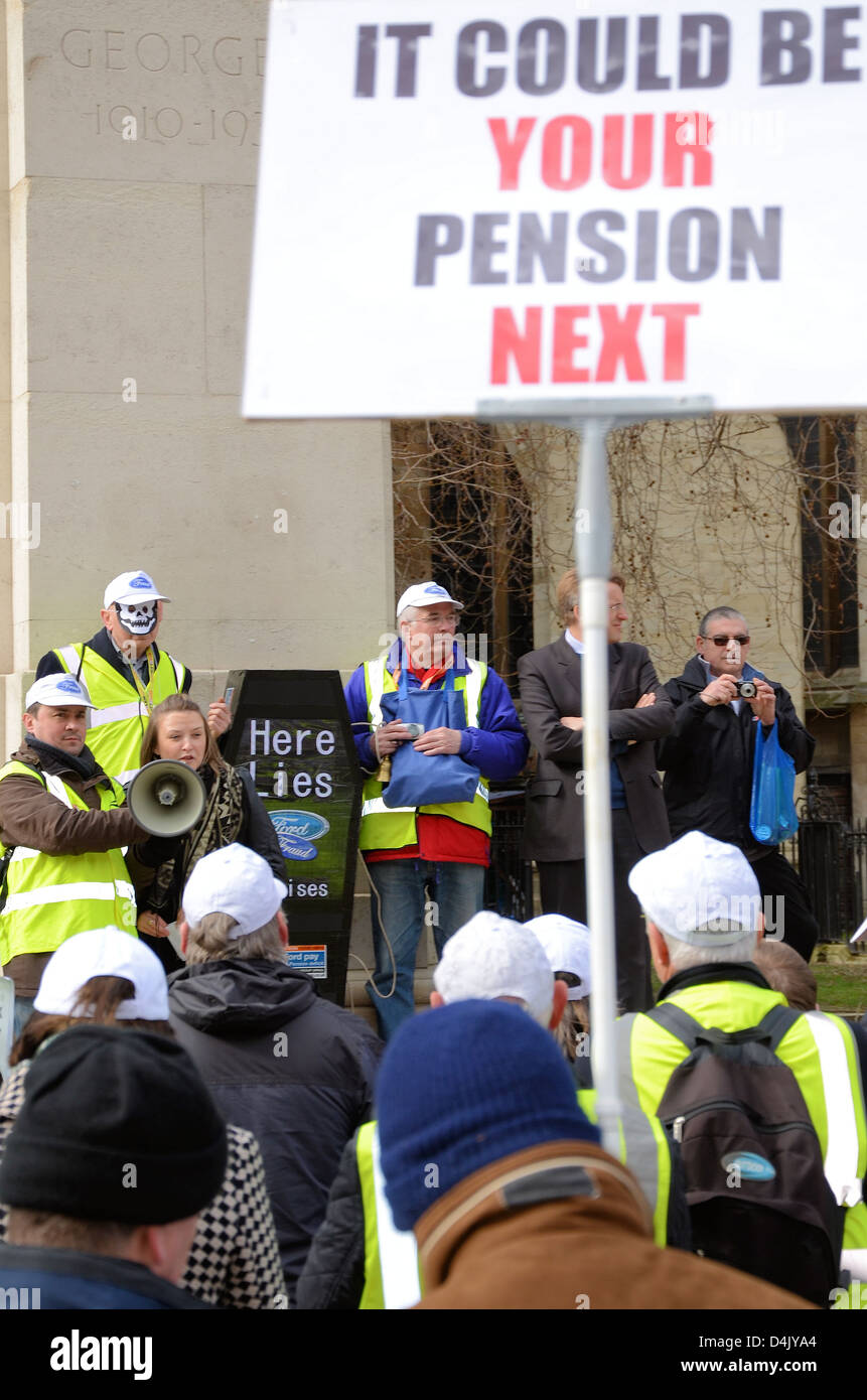 Bethan Jenkins speaking at the protest at the loss of Ford pension funds. Bethan is a Welsh politician, born in Aberdare, Wales Stock Photo