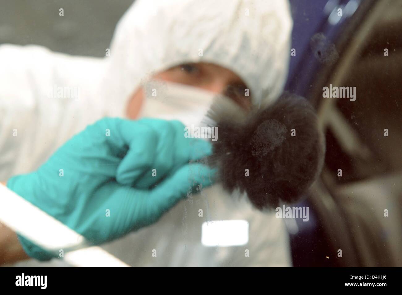 An officer of the Criminal Investigation Department wearing gloves and white special clothing
