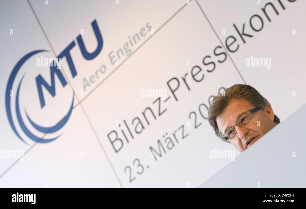 Egon Behle, CEO of MTU Aero Engines, is pictured during the company?s balance press conference in Munich, Germany, 23 March 2009. Thanks to a good demand for new engines and services for engines in operation by airlines, the engine manufacturer achieved a record result for the year 2008. However, small declines are expected for the current year 2009. Photo: LUKAS BARTH Stock Photo