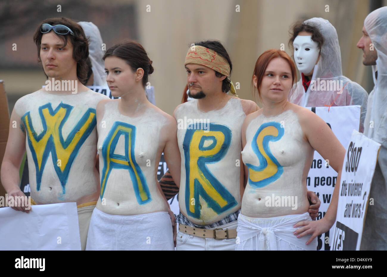People protest naked at the EU-USA Summit in Prague, Czech Republic, 05  April 2009. In a speech U.S. President Barack Obama again promoted his idea  of a world free of nuclear weapons.