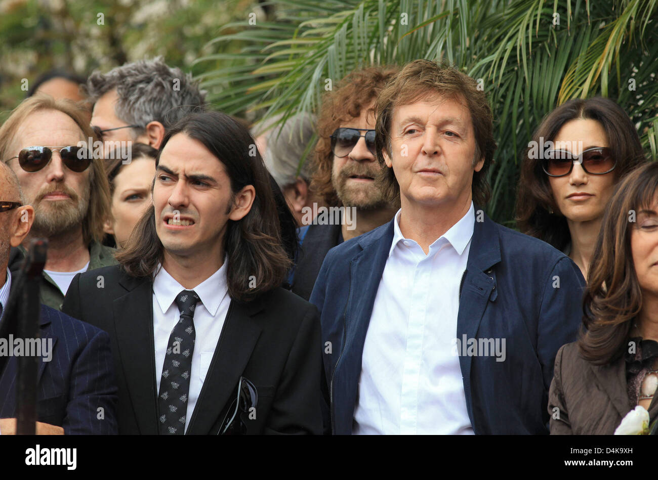 George Harrison?s son Dhani Harrison (L-R), British musician and former Beatles star Paul McCartney and his girlfirend Nancy Shevell attend the Hollywood Walk of Fame star ceremony for George Harrison on the Hollywood Walk of Fame in Los Angeles, USA, 14 April 2009. Former Beatles star Harrison has been honored posthumously with the 2,382nd star on the Hollywood Walk of Fame. Photo Stock Photo