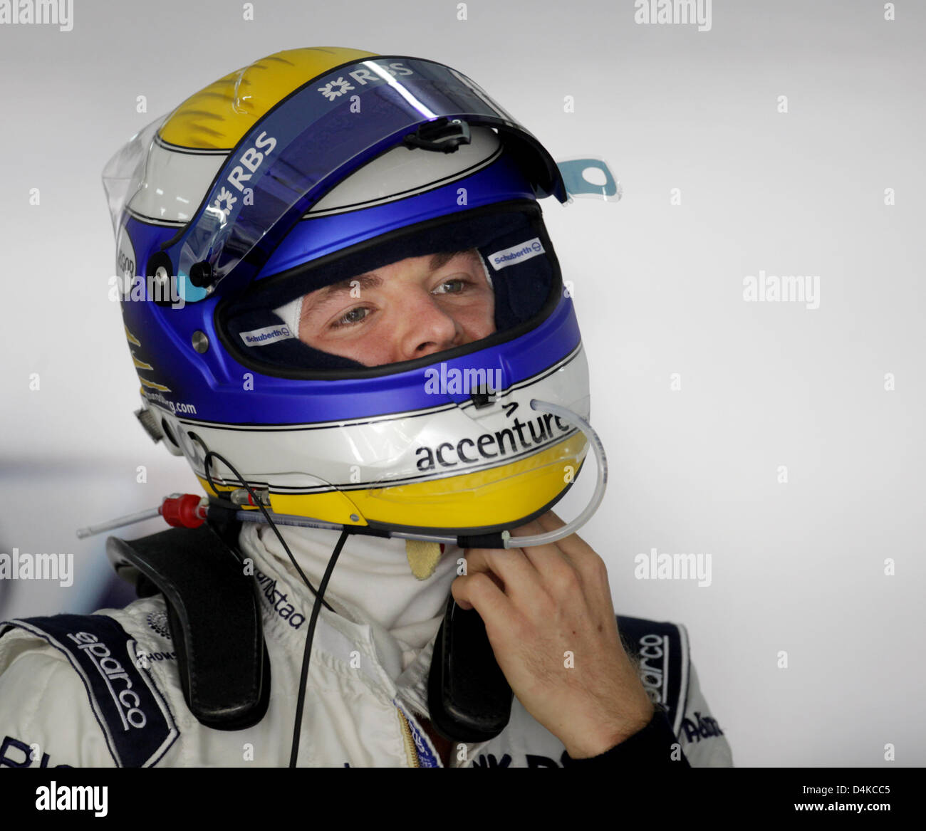 German Formula One driver Nico Rosberg of Williams F1 adjusts his helmet  during the first practice session at Bahrain International Circuit in  Sakhir, Bahrain, 24 April 2009. Hamilton finished first in the