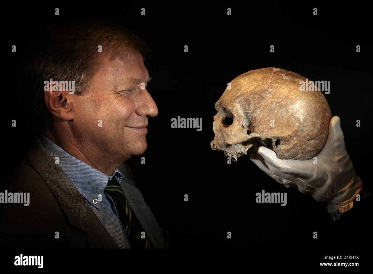 Harry Voigtsberger, director of the LVR state museum poses with a skull of a ice age man in Bonn, Germany, 23 July 2009. Scientists perform computer tomographs, isotope analysis, genetic examination and examine the bones of the skeletons of two 14.000-years-old ice age hunters to learn about diseases, hereditary factors and nutrition behaviour. Photo: DAVID EBENER Stock Photo