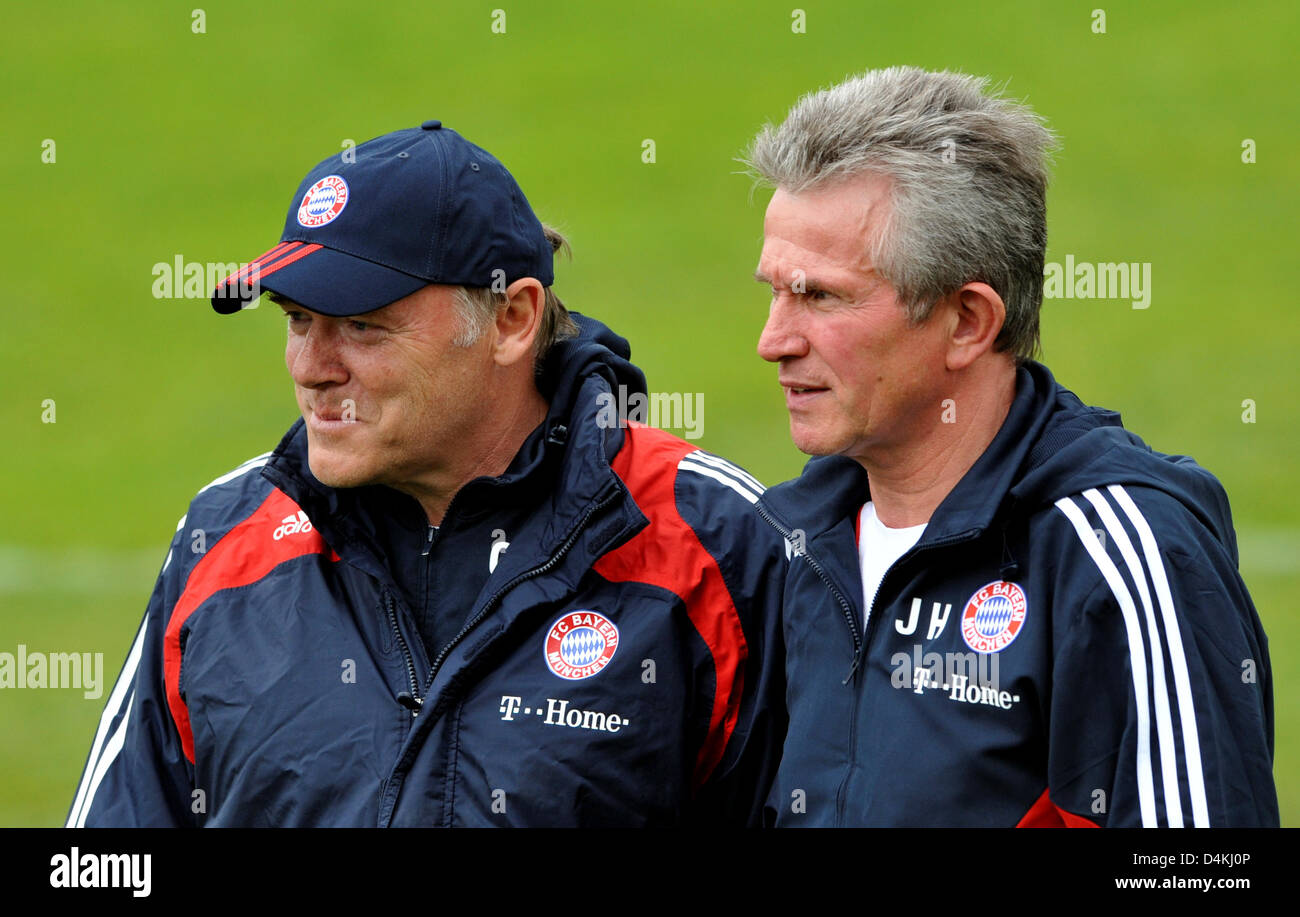 German Bundesliga club FC Bayern Munich?s interim head coach Jupp Heynckes (R) and his assistant Hermann Gerland seen during their first practice session on the club?s premises in Munich, Germany, 28 April 2009. For the remaining five matchdays of the Bundesliga season, Heynckes replaces Juergen Klinsmann who was dismissed two days after a 0-1 defeat against Bundesliga rival Schalk Stock Photo