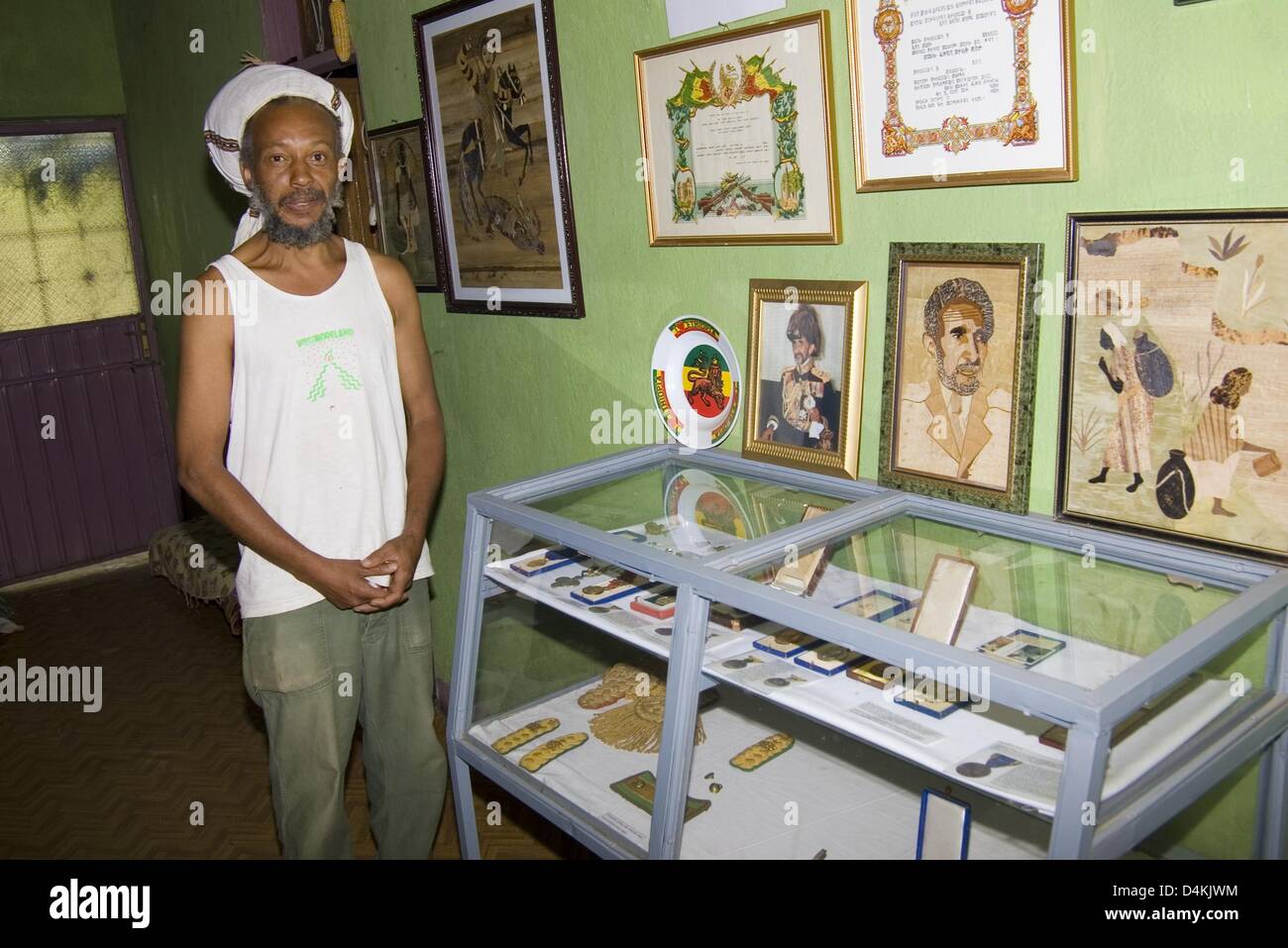 (dpa file)- The picture shows diverse pictures and headdresses in the small Haile Selassi Museum which was established by a Rastafari in Shashemene, Ethiopia, January 2007. The word ?Rastafari? derives from the civil name of the former Ethiopian emperor Haile Selassie I: Ras Tafari Makonnen. Haile Selassi is seen as godlike by the Rastafari movement from Jamaica. Several hundreds o Stock Photo