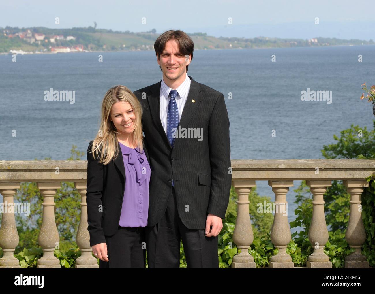 Count Bjoern Bernadotte (R), oldest son of the Mainau-family, is pictured together with his future wife Sandra the evening before their church wedding in front of Lake Constance on the island Mainau, Germany, 06 May 2009. Prior to that, a new bell was dedicated to his mother, who passed away in 2008. Photo: BERND WEISSBROD Stock Photo