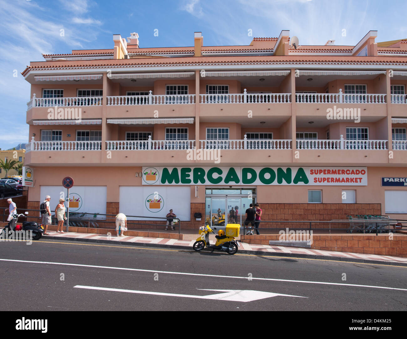 Typical building with holiday apartments and supermarket chain Mercadona on ground floor,in Tenerife Spain Stock Photo