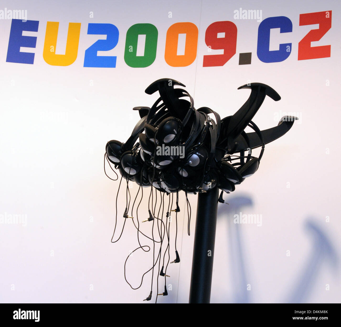 Headphones hang in the conference centre during the EU Eastern Partnership Summit in Prague, Czech Republic, 07 May 2009. The EU summit is to bring the former Soviet states Armenia, Azerbaijan, Georgia, Moldova, Ukraine and Belarus closer to the EU. In return for democratic reforms, the Union offers far-reaching treaties of association, help with the construction of functional stat Stock Photo