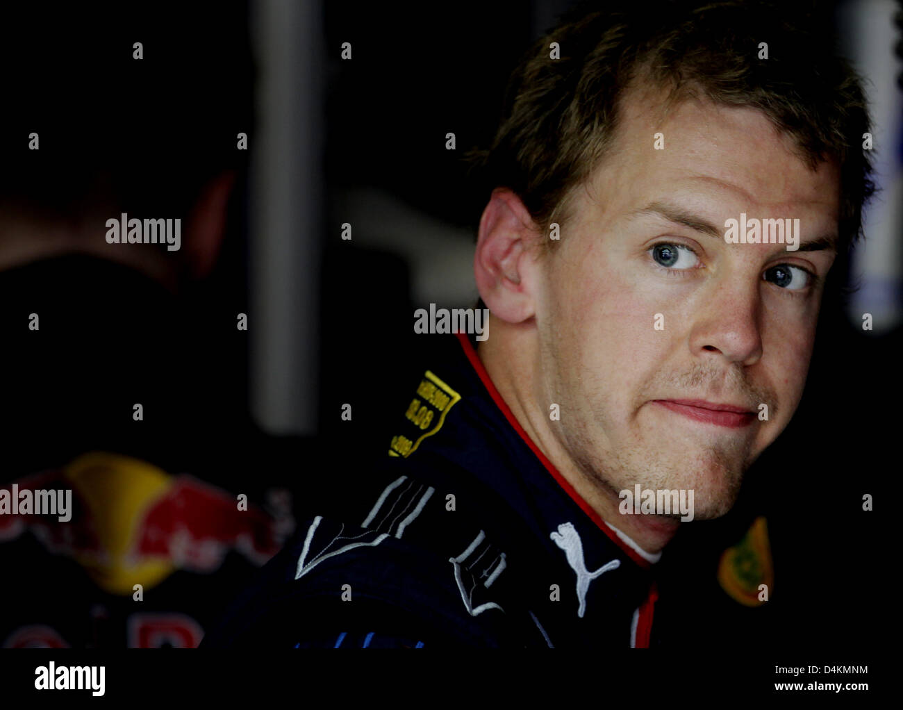 German Formula One driver Sebastian Vettel of Red Bull Racing pictured in the box after the second practice session at Circuit de Catalunya in Montmelo near Barcelona, Spain, 08 May 2009. The Grand Prix of Spain will take place on 10 May. Photo: Felix Heyder Stock Photo