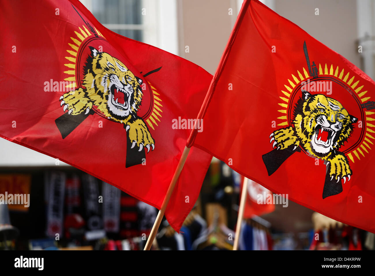Flags of the Liberation Tigers of Tamil Eelam (LTTE) are waved at a protest of the Tamil Tigers in Frankfurt Main, Germany, 01 May 2009. The Tamils demonstrate for an own state and independence from Sri Lanka. However, the LTTE is a militant organisation and is alo proscribed as a terrorist organisations due to suicide bombings. Photo: Wolfram Steinberg Stock Photo