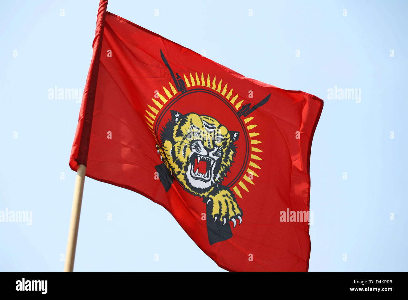A flag of the Liberation Tigers of Tamil Eelam (LTTE) are waved at a protest of the Tamil Tigers in Frankfurt Main, Germany, 01 May 2009. The Tamils demonstrate for an own state and independence from Sri Lanka. However, the LTTE is a militant organisation and is alo proscribed as a terrorist organisations due to suicide bombings. Photo: Wolfram Steinberg Stock Photo