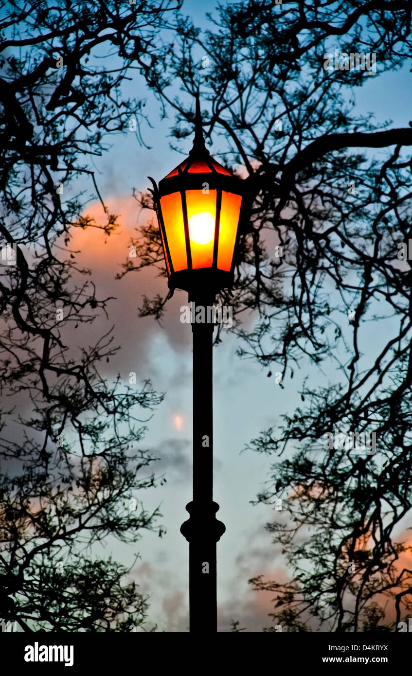 Lit old street lamp at sunset in Argentine. Stock Photo