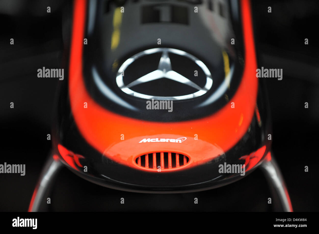 The front of a McLaren Mercedes racing car is pictured at the Formula One racetrack in the streets of Monte Carlo, Monaco, 21 May 2009. The Formula One Grand Prix of Monaco will take place on 24 May 2009. Photo: PETER STEFFEN Stock Photo