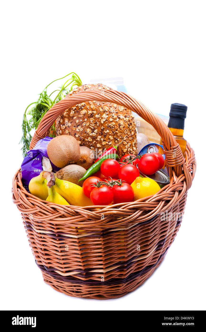 Basket with groceries food isolated on a white background Stock Photo