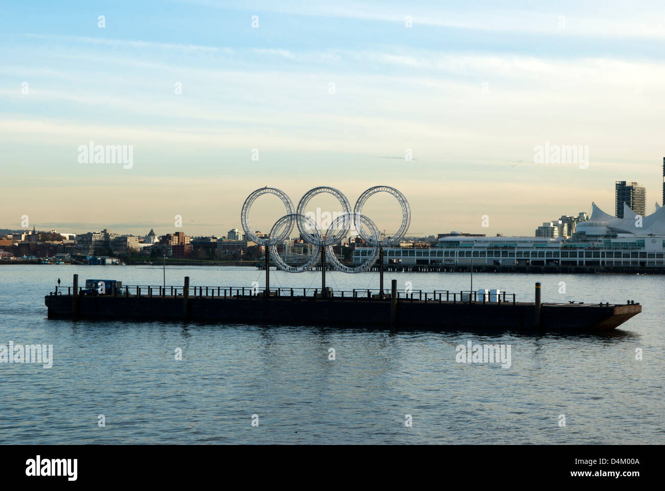 Olympic rings for 2010 winter olympics on a barge in the harbour at