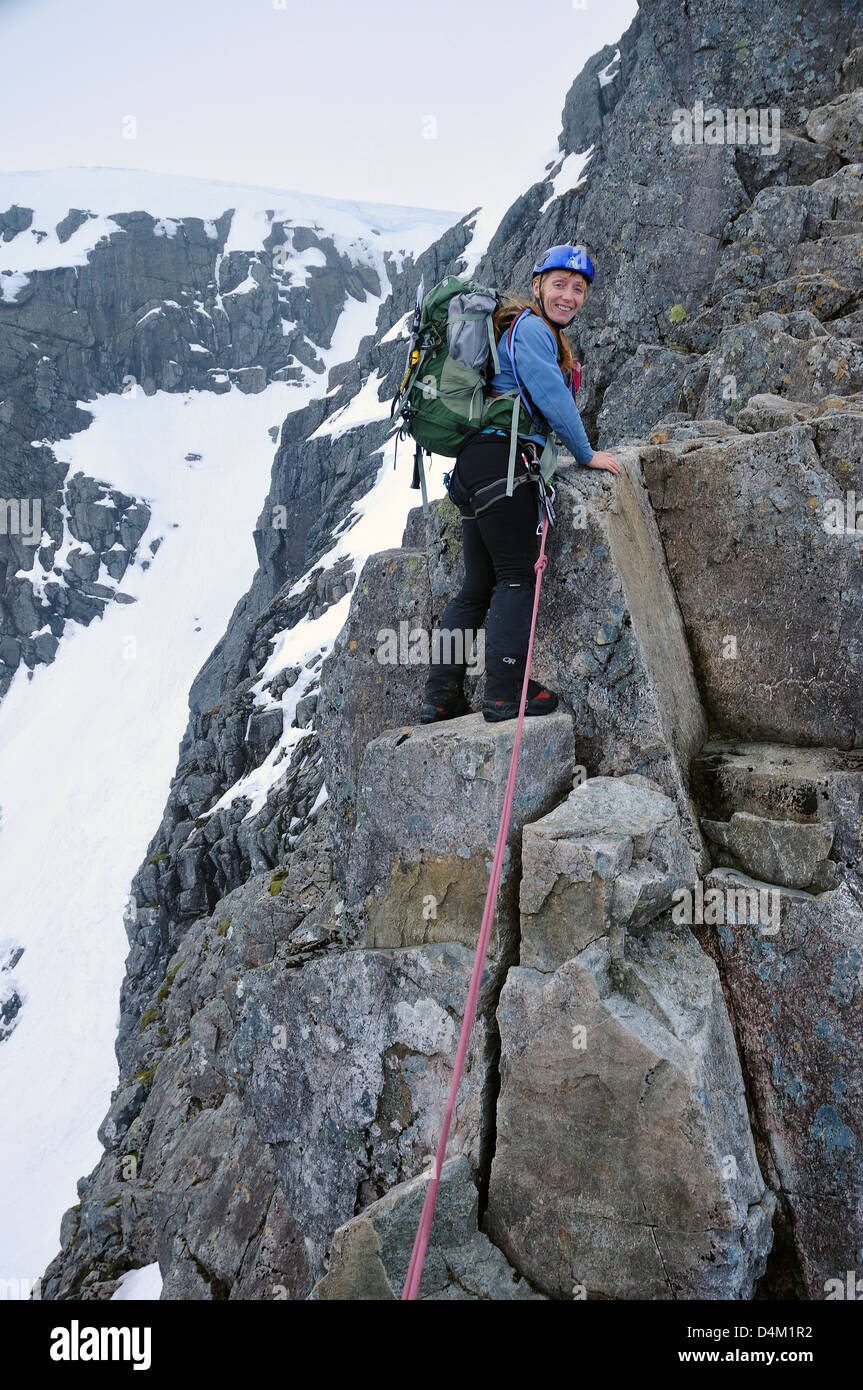 Girl climber near top of Tower Ridge, a classic climb on Ben Nevis