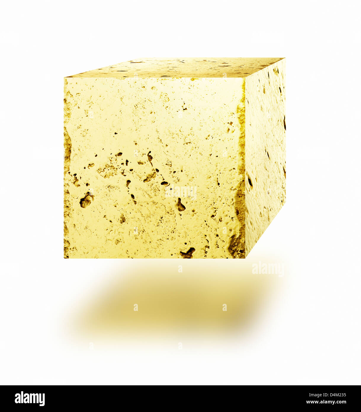 Gold nugget cube floating against white background. Stock Photo