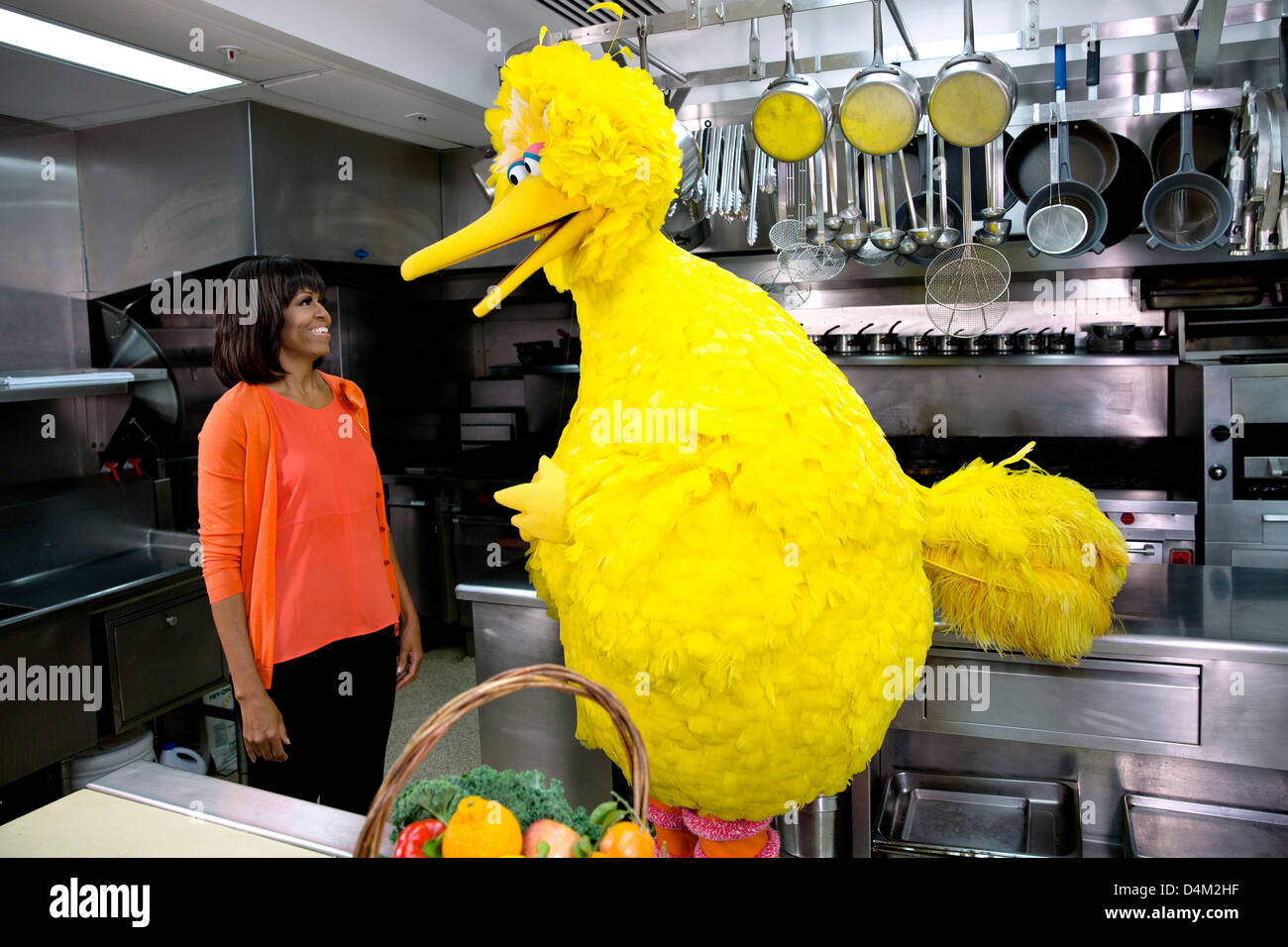 US First Lady Michelle Obama participates in a Let’s Move! and Sesame Street public service announcement taping with Big Bird in the White House Kitchen February 13, 2013 in Washington, DC. Stock Photo