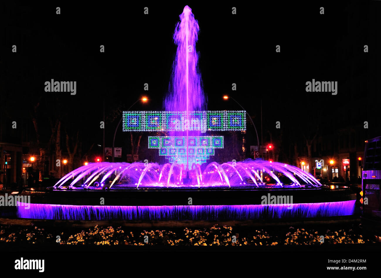 Barcelona, Catalonia, Spain. Christmas lights (2012) and fountain in Gran Via de les Corts Catalanes Stock Photo