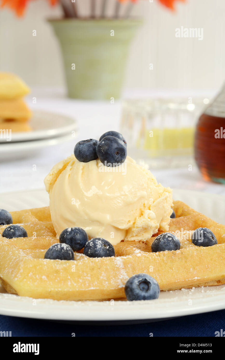 blueberry vanilla ice cream waffles Stock Photo - Alamy