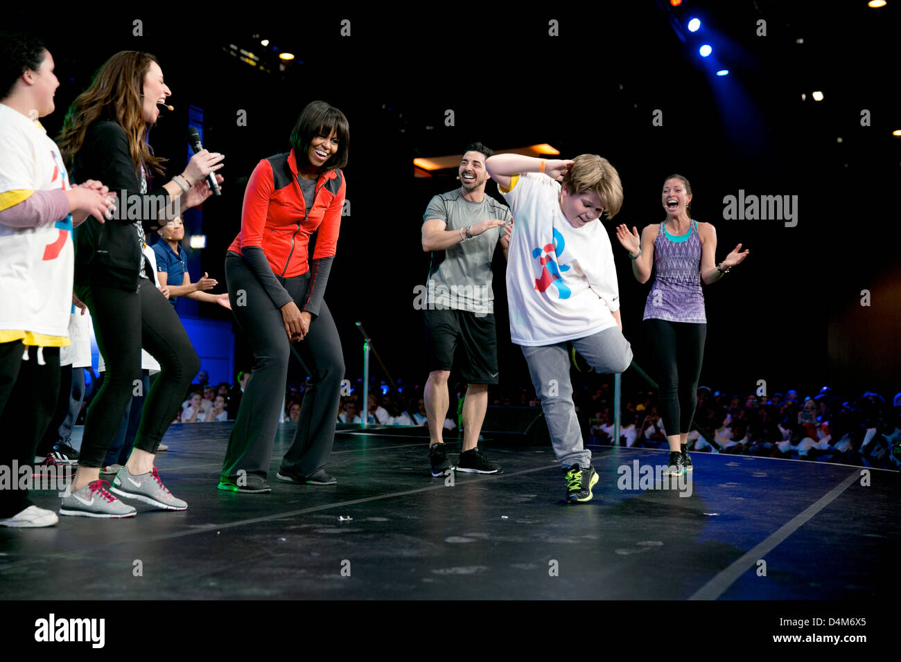 US First Lady Michelle Obama participates in a Let's Move! Active Schools event with athletes and students at McCormick Place February 28, 2013 in Chicago, IL. Stock Photo