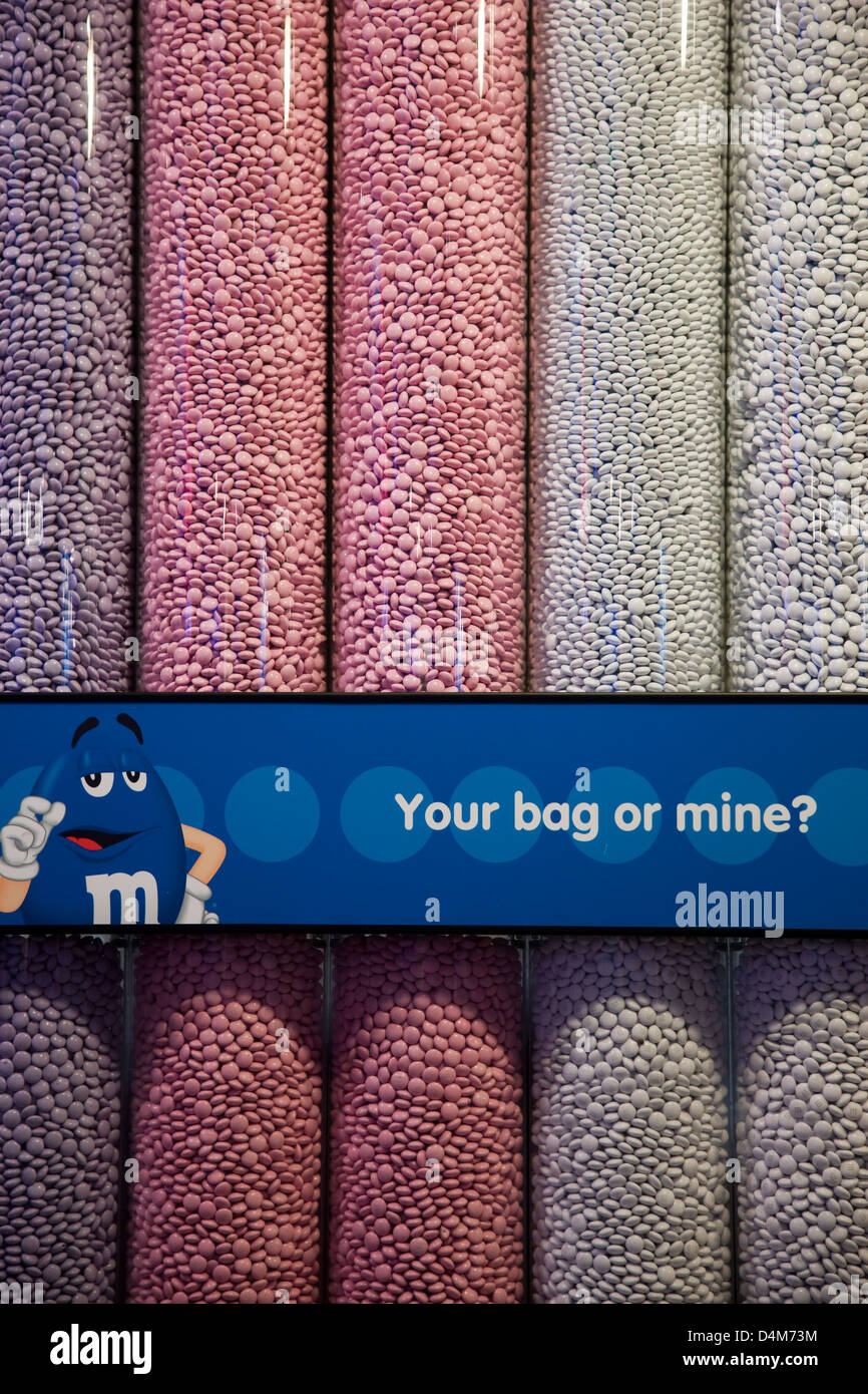 M&Ms sweets in plastic dispenser tubes in the M&M shop in New York