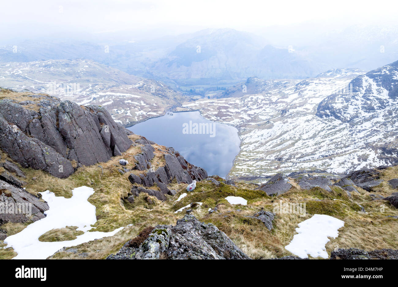 Looking down to Stickle Tarn from the top of Jack's Rake, Pavey Ark in the Lake District Stock Photo