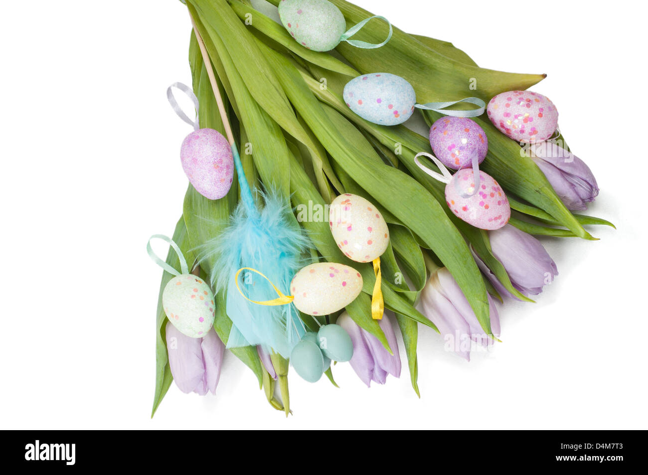 Easter eggs and tulip bouquet isolated on white Stock Photo - Alamy