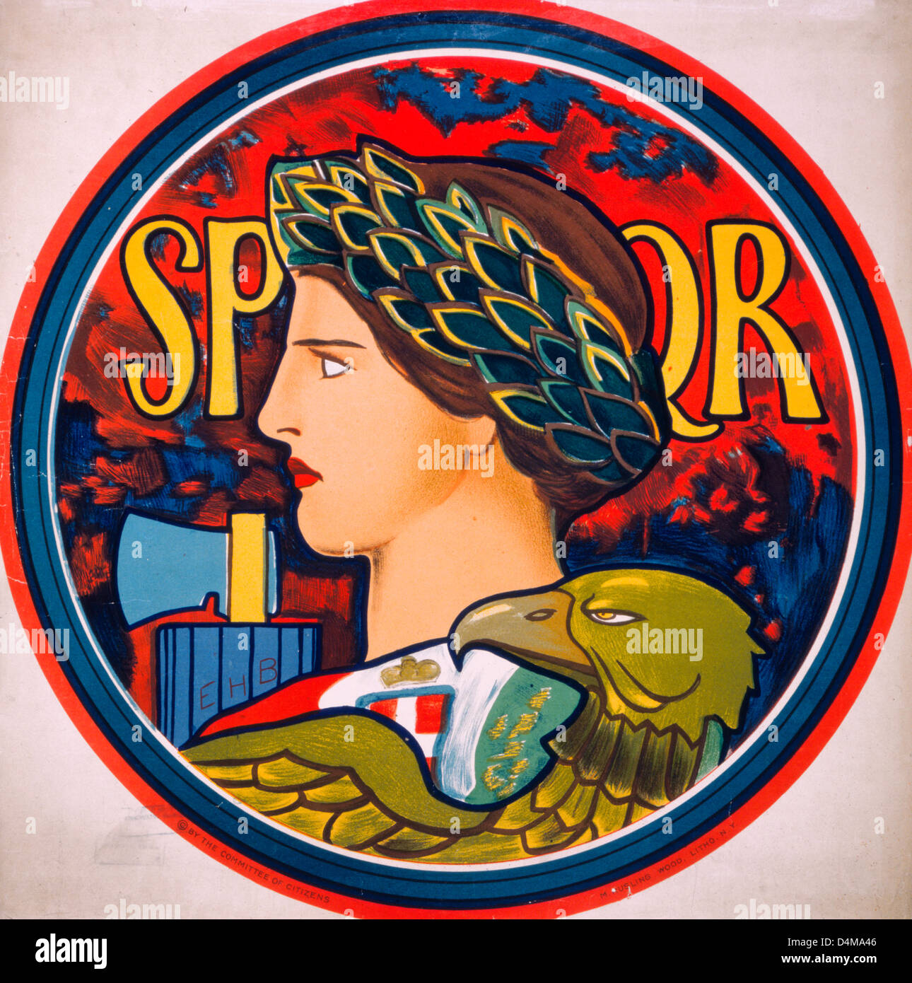 Emblem of Italy - Poster showing personification of Italy, depicted as woman wearing olive wreath in profile within a circular border, circa 1917 Stock Photo
