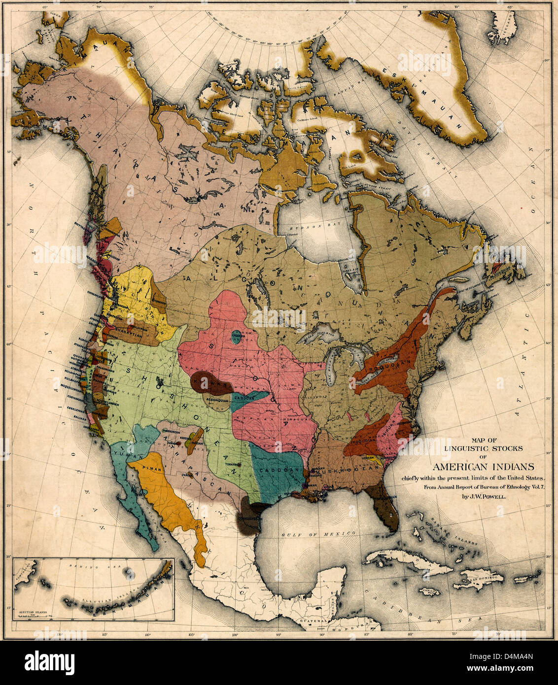 Map of linguistic stocks of American Indians. 1890 Stock Photo