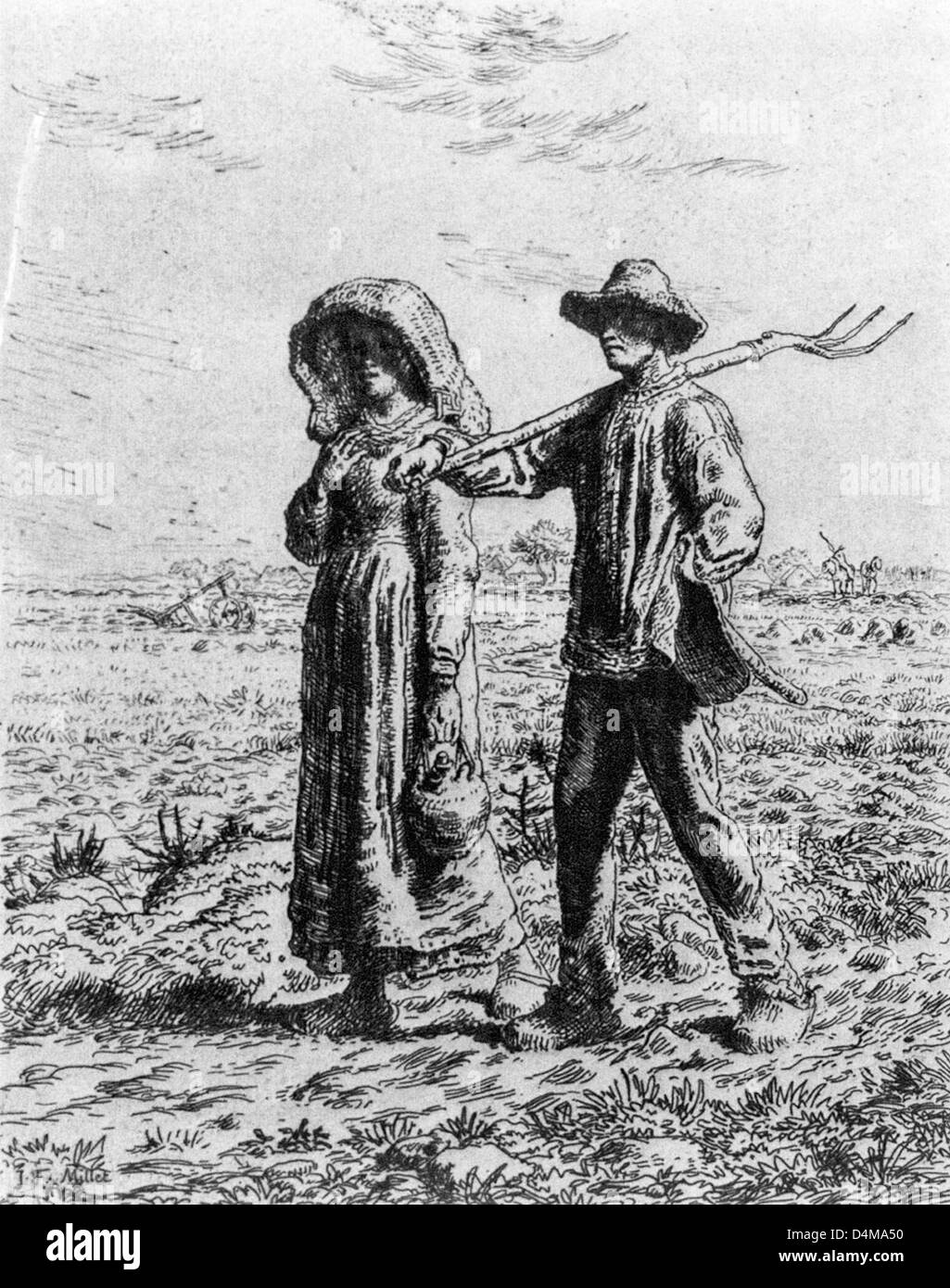 Peasants gpont to work - a man carrying a hoe and a pitchfork, and a woman carrying a jug, headed for the fields, circa 1863 Stock Photo