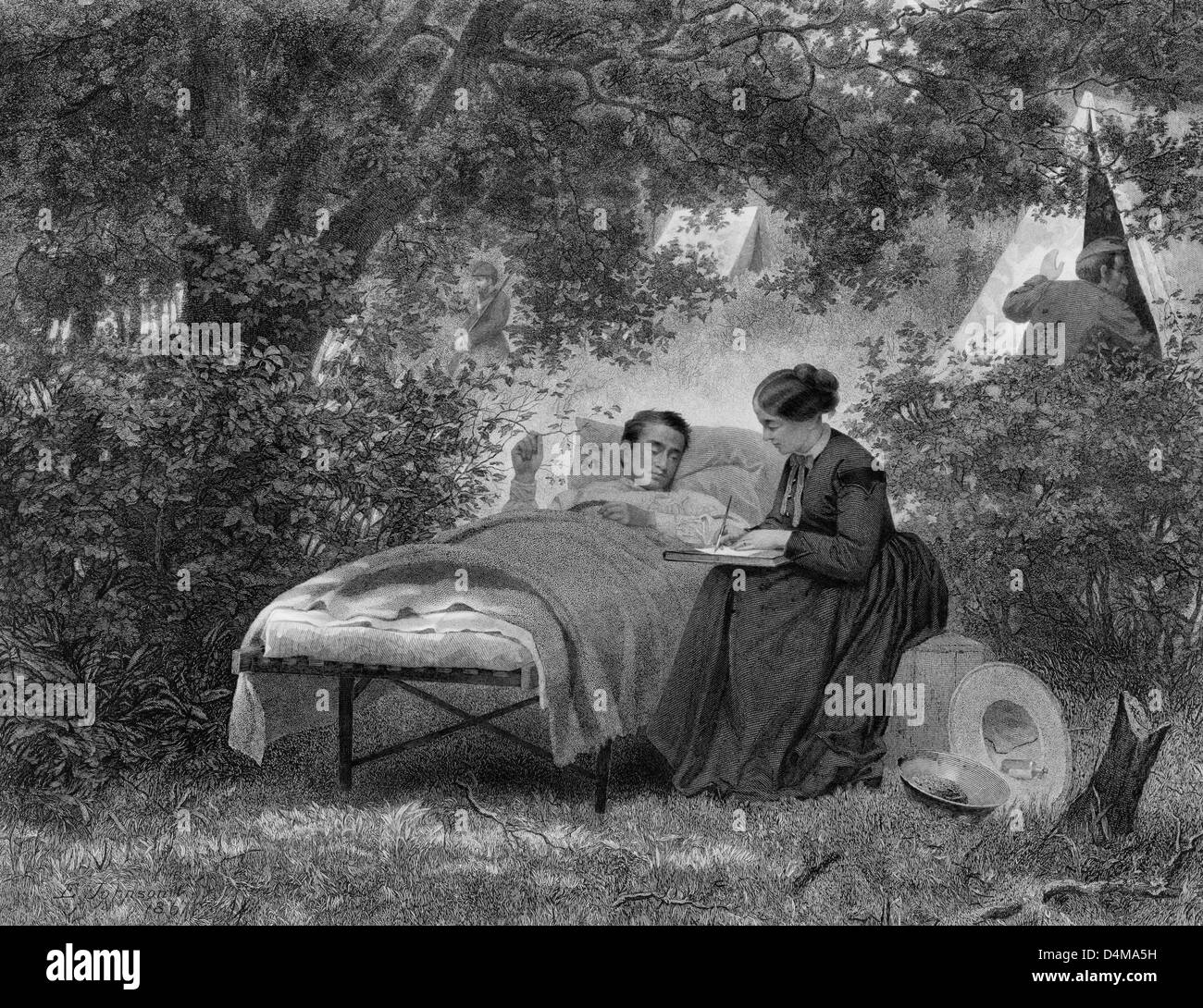 Our women warriors - a woman writing a letter for an invalid soldier resting on a bed placed beneath trees with tents in the background. USA Civil War era Stock Photo