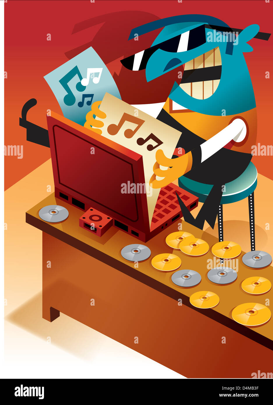 A man looking through his catalog of music on his laptop Stock Photo