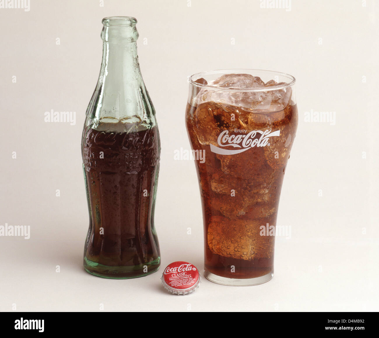 Traditional bottle and glass of Coca-Cola, Los Angeles, California, United States of America Stock Photo