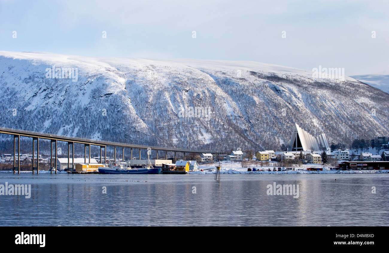 View across Tromso in Norway, towards the Tromsdalen Lutheran Church, by architect Jan Inge Hovig and built of concrete. Stock Photo