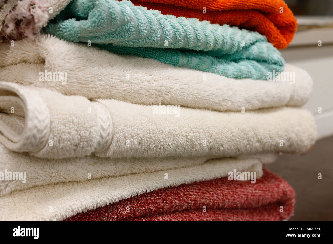 towels, white, off white, green, red, close up Stock Photo