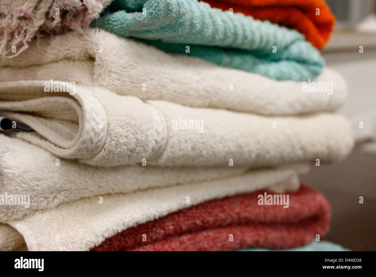 towels, white, off white, green, red, close up Stock Photo